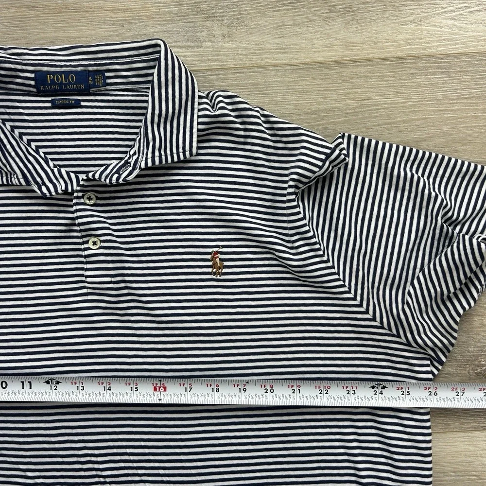 Polo Ralph Lauren XL Navy Blue Striped Classic Fit Cotton Polo Shirt Flesh Pony